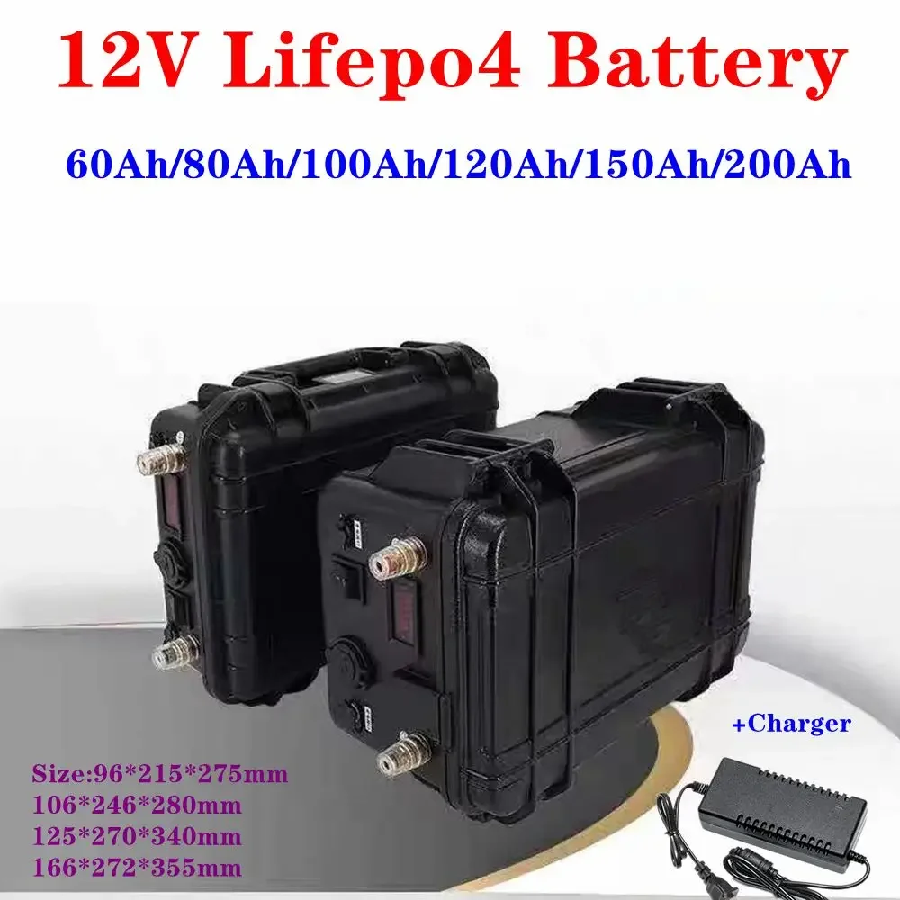 Waterproof 12V 60Ah 80Ah 100Ah 120Ah 130Ah 150Ah 180Ah Lifepo4 Battery with BMS for Trolling Motor Solar System+10A Charger