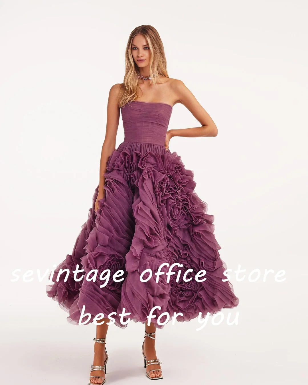 Sevintage-Vestidos de Fiesta de tul con volantes escalonados, vestido elegante sin mangas, plisado, fruncido, largo hasta el té, vestido de noche Formal