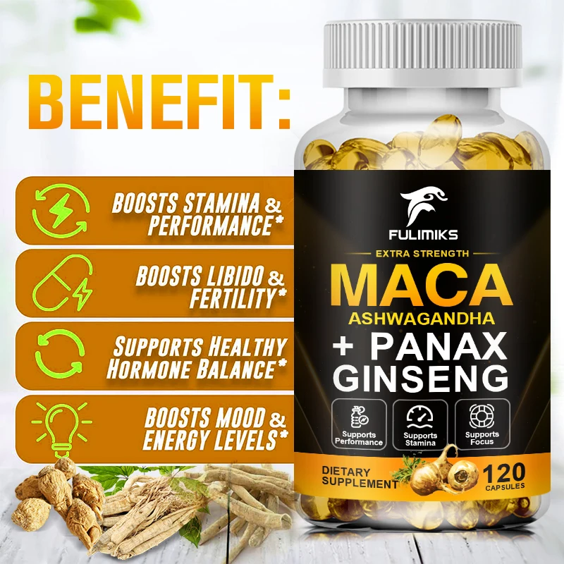 Maca ashwagandha + แคปซูลโสม Panax-ปลดปล่อยความเครียดและเพิ่มอะดรีนาลีนสุขภาพ, สนับสนุนภูมิคุ้มกันสุขภาพ, ไม่มี Gmo