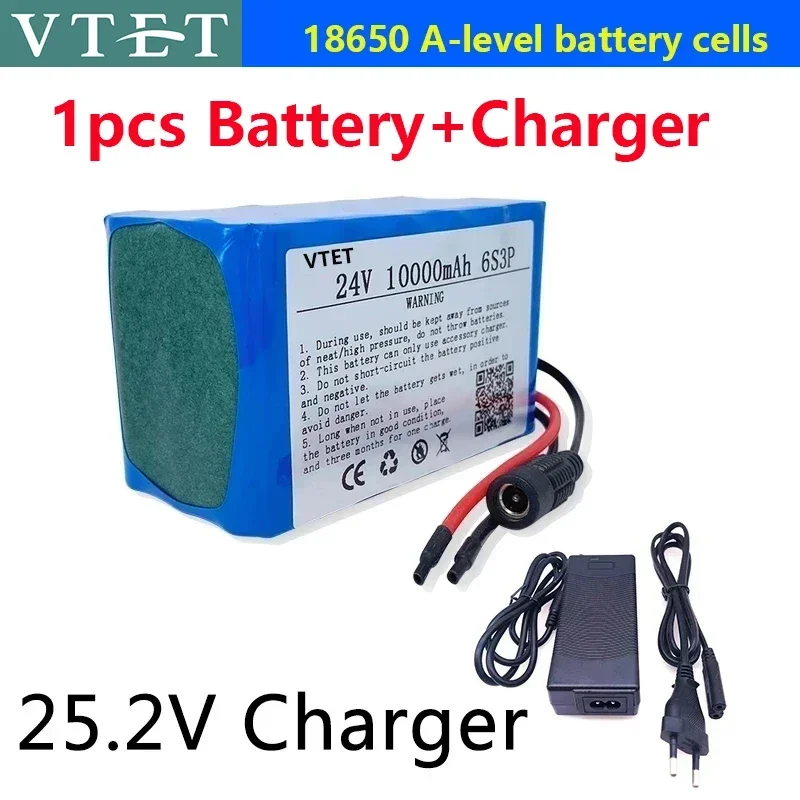 VTET 24V 10Ah 6S3P 18650 Li-ion Battery 10000mAh High Capacity Moped /Electric/Li Ion Battery Pack+25.2V Charger DIY Production