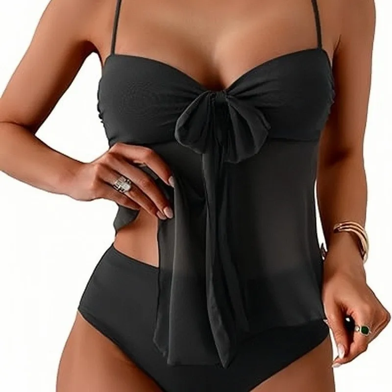 JEWELRY SEN Women Tankini Swimsuit Spaghetti Strap Mesh Ruffle Tummy Control Solid Color Beach Bathing Suit Summer Swimwear