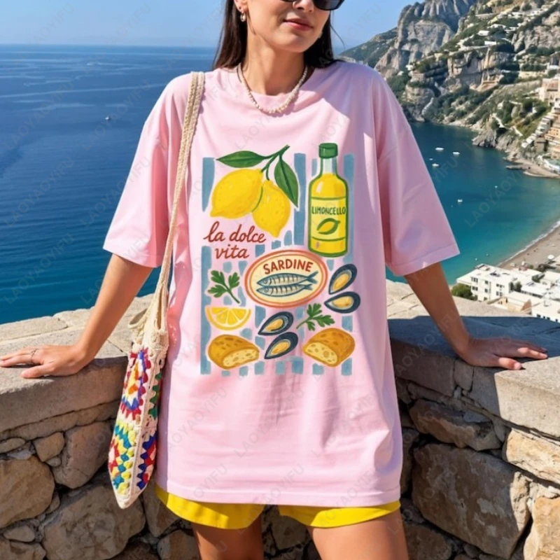 La Dolce Vita Italienische Sommer-Grafik-T-Shirts, Foodie, Meeresfrüchte, Limoncello, Hemd, Sardinen, Fischer, ästhetisches Herren- und Damen-Baumwoll-T-Shirt