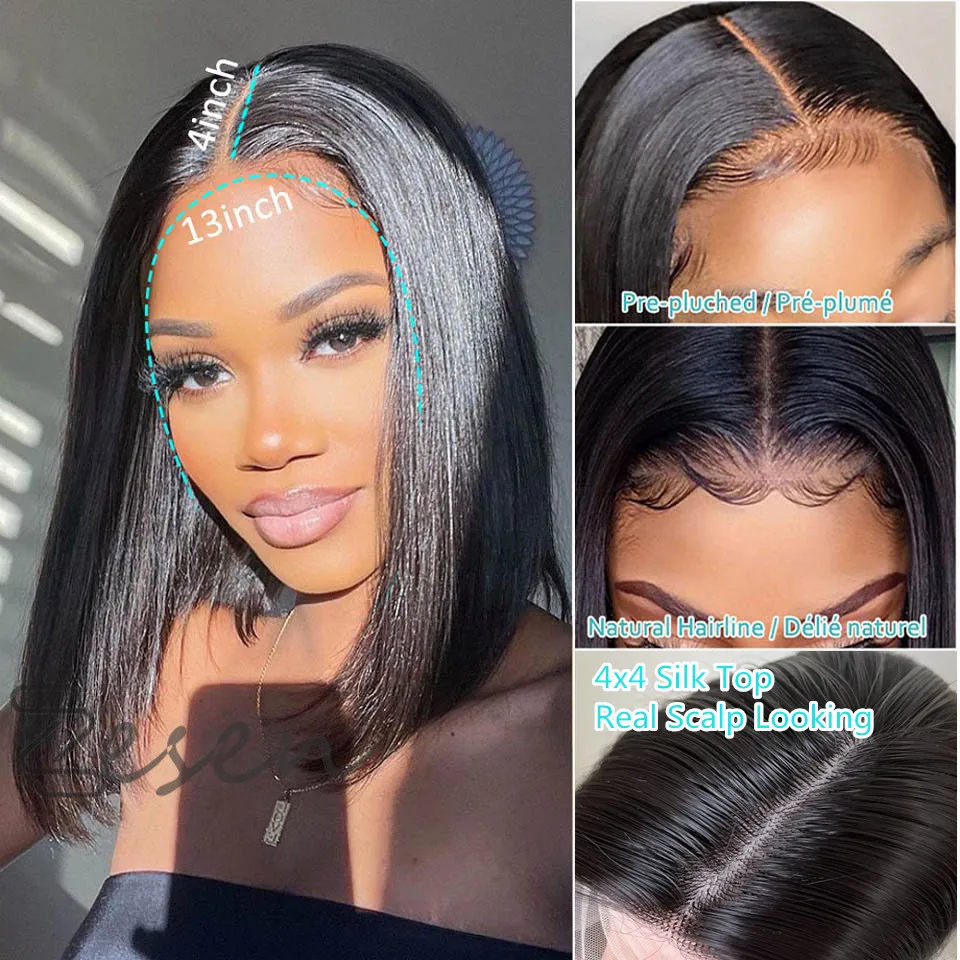 

150%Density Short Straight Bob Silk Base Lace Front Wigs with Baby Hair Pre Plucked For Black Women 4x4" Silk Top Wig 14 Inch