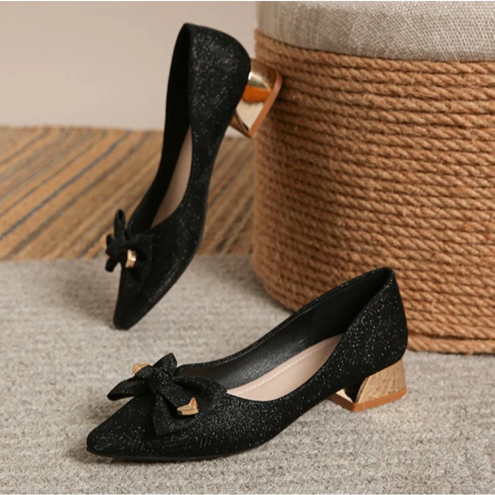 

Женские весенне-летние туфли-лодочки на высоком каблуке с легким ртом и низким каблуком, женская обувь на среднем каблуке с острым бантом, большой размер