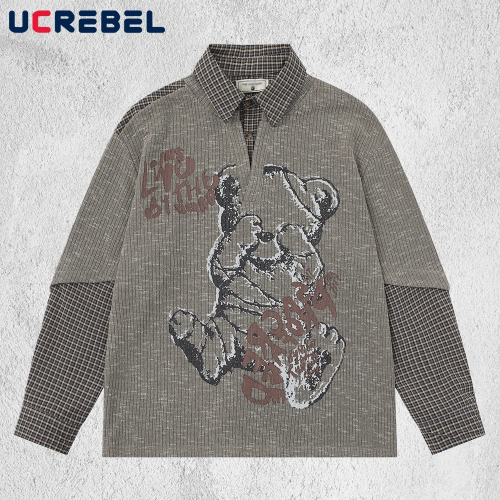Little Bear Print Fake two-piece T-shirt Mens Plaid Patchwork Spring Retro Streetwear Lapel Long Sleeve Tshirt Man Tee