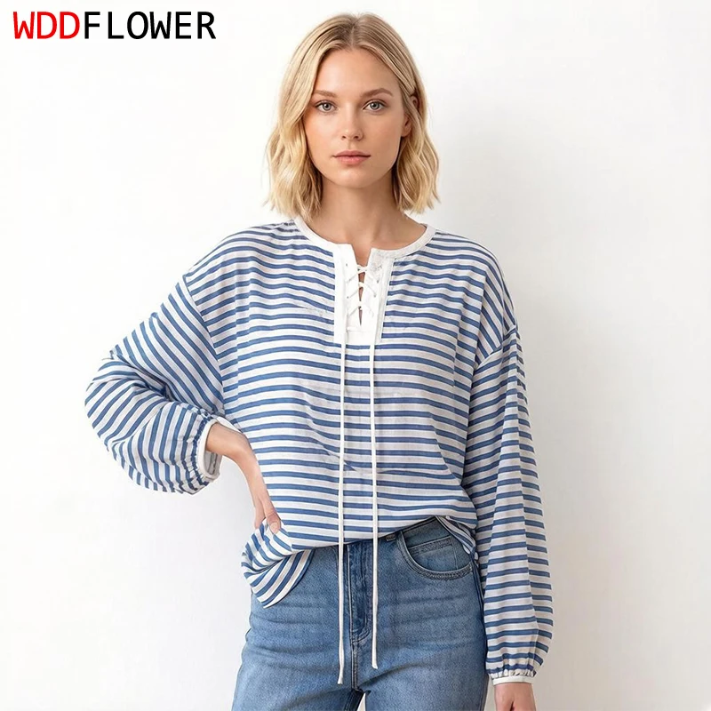 

100% Mulberry Silk White Blue Stripes Printed Women Long Sleeve Silk Blouse Tie-neck Neck Loose Casual Shirt Top Pullover M1575