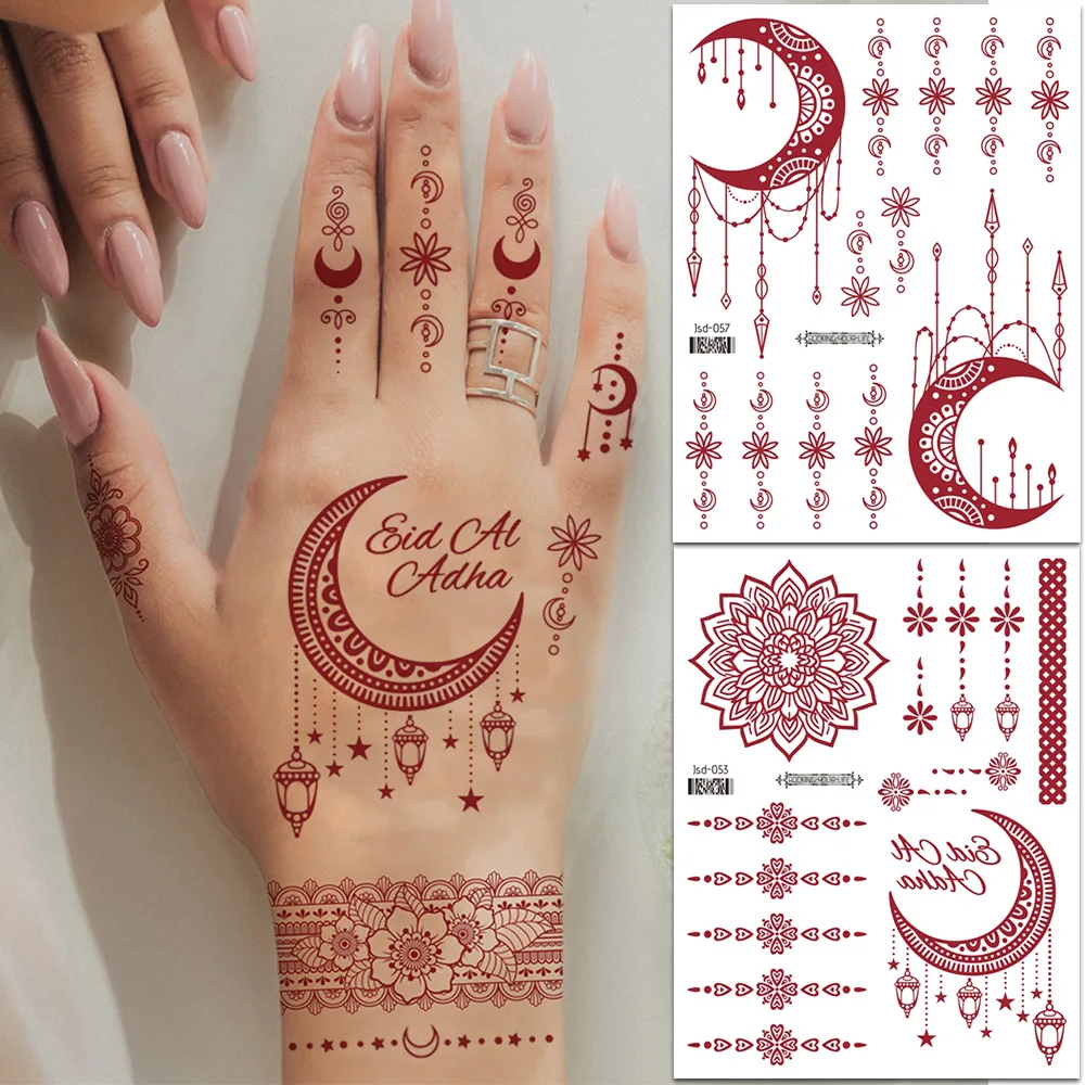 6 Sheets Eid Mubarak Ramadan Temporary Tattoo Stickers, Moon & Stars & Element Red Design Henna Mandala Flower Pattern Stickers