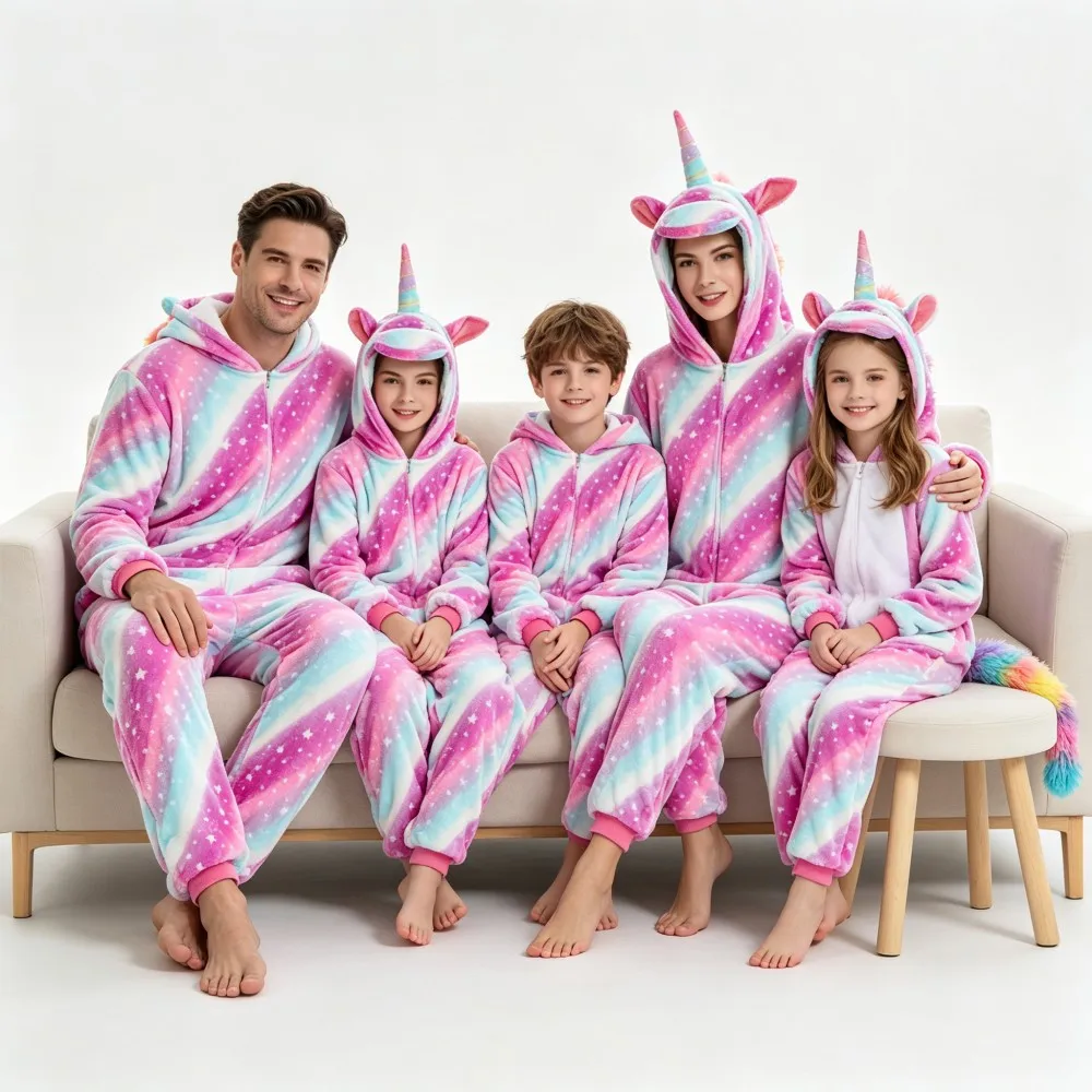 Unicorn Kigurumi Pajamas Women Men Kids Matching Pajamas Hooded Winter Warm Jumpsuits Family Look Sleepwear Onesies Bodysuits