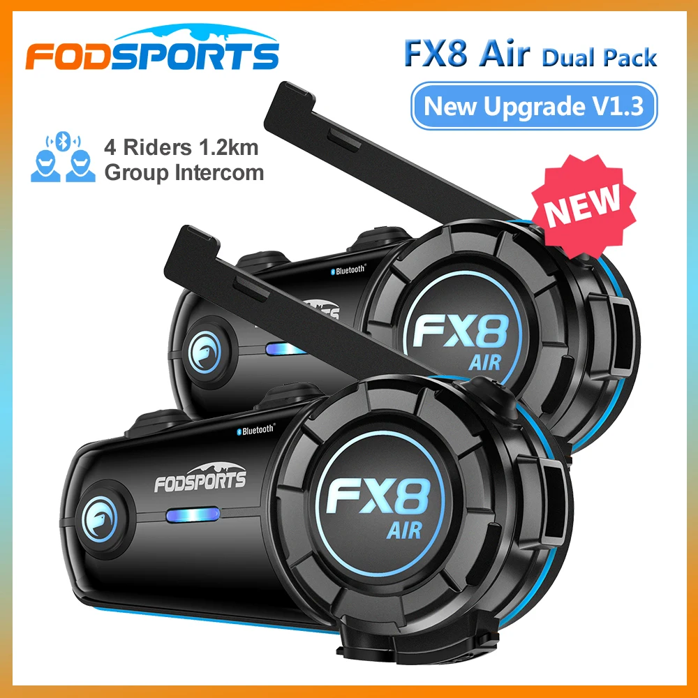 2PCS Fodsports FX8 Air Motorcycle Intercom Bluetooth Helmet Headsets for 4 Riders,Music Share,FM Radio,Waterproof,New Upgrade