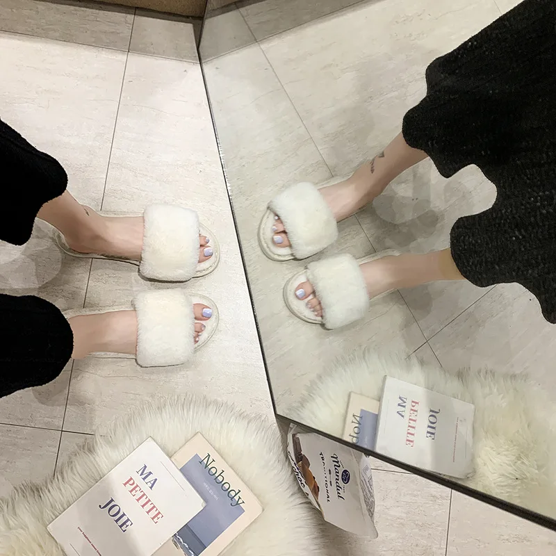 Women's Winter Open Toe House Fluffy Slippers Warm Comfortable Plush Slippers Solid Color Non Slip Indoor Cotton Shoes for Woman