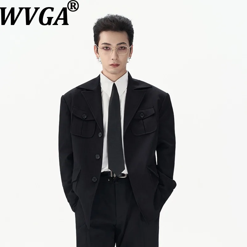 WVGA Spring Autumn New Men Dark Striped Tailored Waistcoat Jacket Niche Chic Casual Multiple Pockets Shoulder Pads Blazer W27320