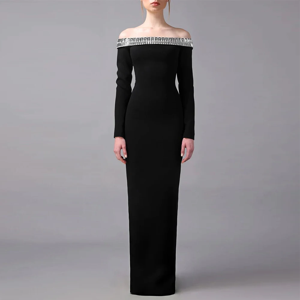 

Exquisite Special Occasion Dresses Black Jersey Rhinestone Zipper Bespoke Occasion Gown Straight Off-the-shoulder Long Dresses