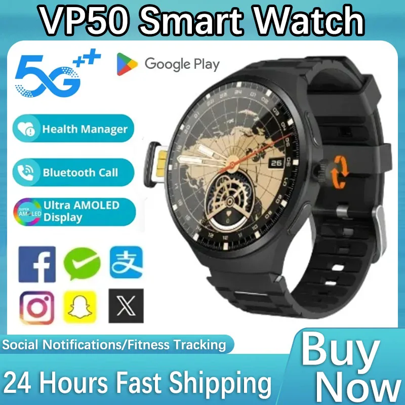 VP50 Smart Watch 5G Android Smartwatch 1.75'' AMOLED Larger Screen 1500Mah Battery 800W Rotary HD Camera GPS WIFI App Download