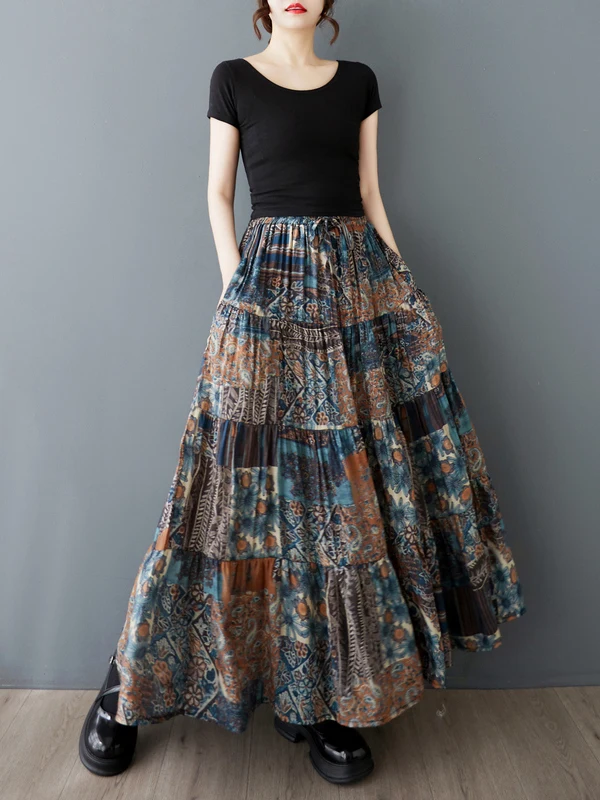 

Abstract Print Silk f Skirt Vintage Loose Fit High Waist A-Line Long Skirt for plus Size Women Spring Summer New Sle