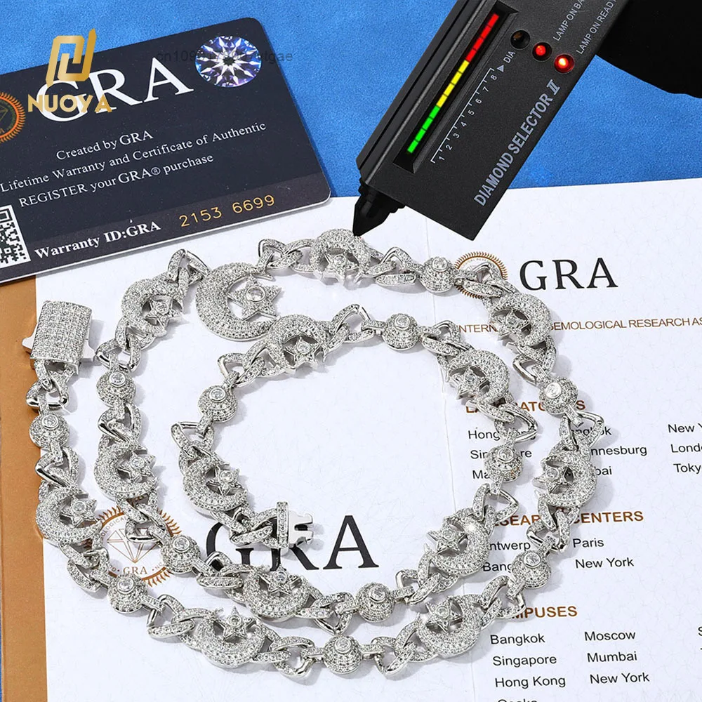 925 NUOYA Sterling Silver Moissanite Moon Star Cuban Link Chain Necklace 18K Gold Plated Iced Out Diamond Hip Hop Jewelry.