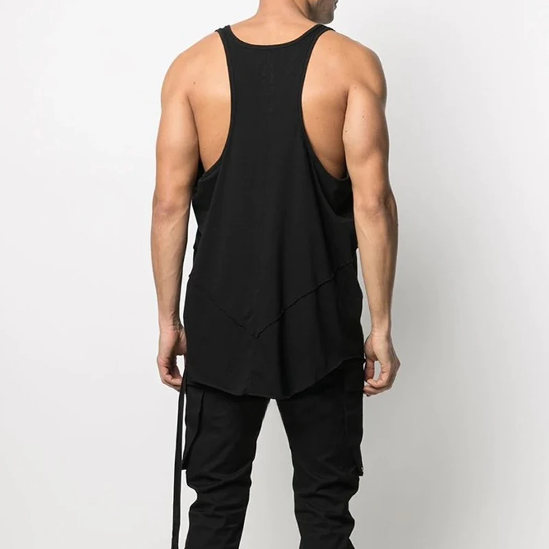 High Street Black Dark RO Cotton Patchwork Ribbon Tee Men's Tank Top Exposed Back and Frayed Edges