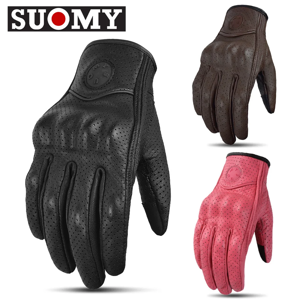 

Summer Goat Leather Motorcycle Gloves Men Women Retro Summer Breathable Motorbike Motocross Racing Street Gloves Pink