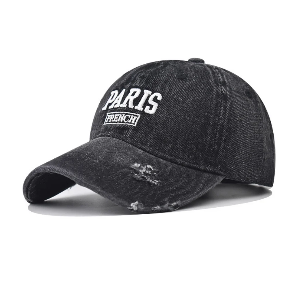 French retro style three-dimensional foam PARIS layered embroidery denim distressed baseball cap suitable for both men and women