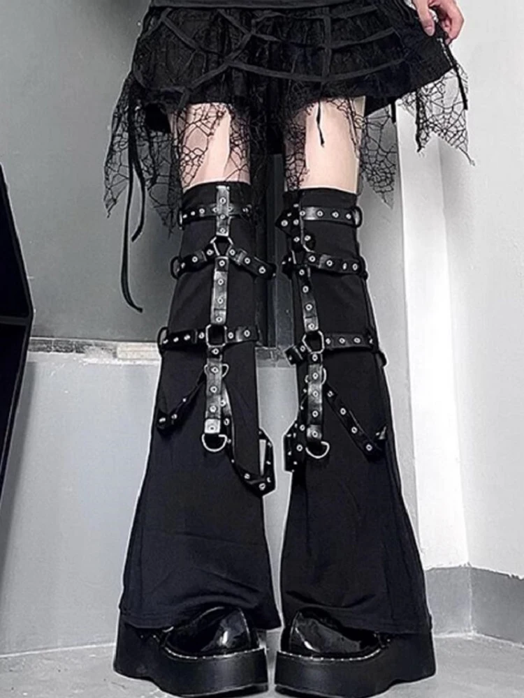 Gothic Grunge Punk PU Metal Buckle Flare Black Leg Warmer Socks Harajuku Y2K Women's Knee High Boots Grunge Aesthetic Streetwear