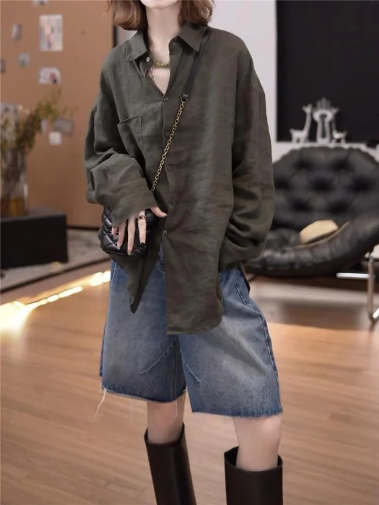 

Простая однотонная тонкая женская рубашка с длинным рукавом для весны и осени, новая свободная удлиненная модель, модная дышащая повседневная рубашка-топ