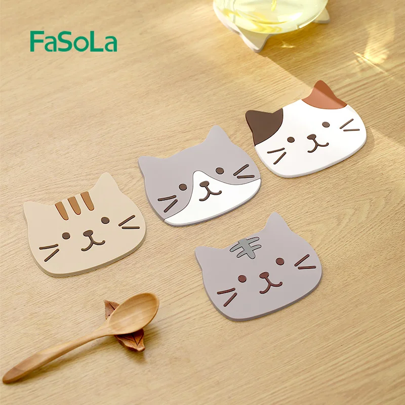 FaSoLa 2 PCS/set Mixed-Color Japanese-Style Cute Cat Cartoon Coasters, Heat-Proof Cup Mat, Anti-Slip PVC Coasters