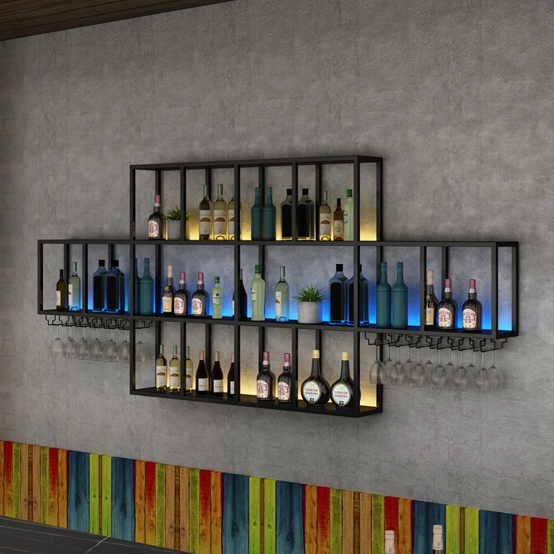 

Bar Restaurant Bar Counter Wall Wine Cabinet Display Cabinet Against the Wall Luminous Simple Creative Wall Mounted Shelf