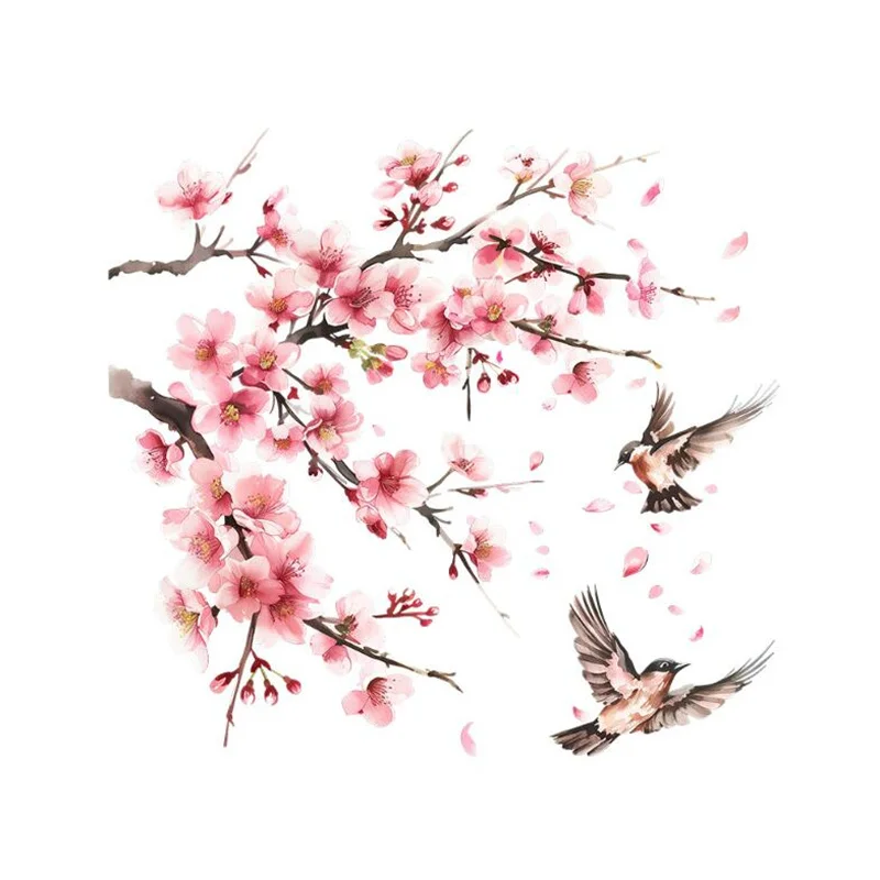 Pink Tree Branches Peach Blossoms And Birds Wall Stickers For Glass Window Decoration Bedroom Living Room Self-Adhesive Decor