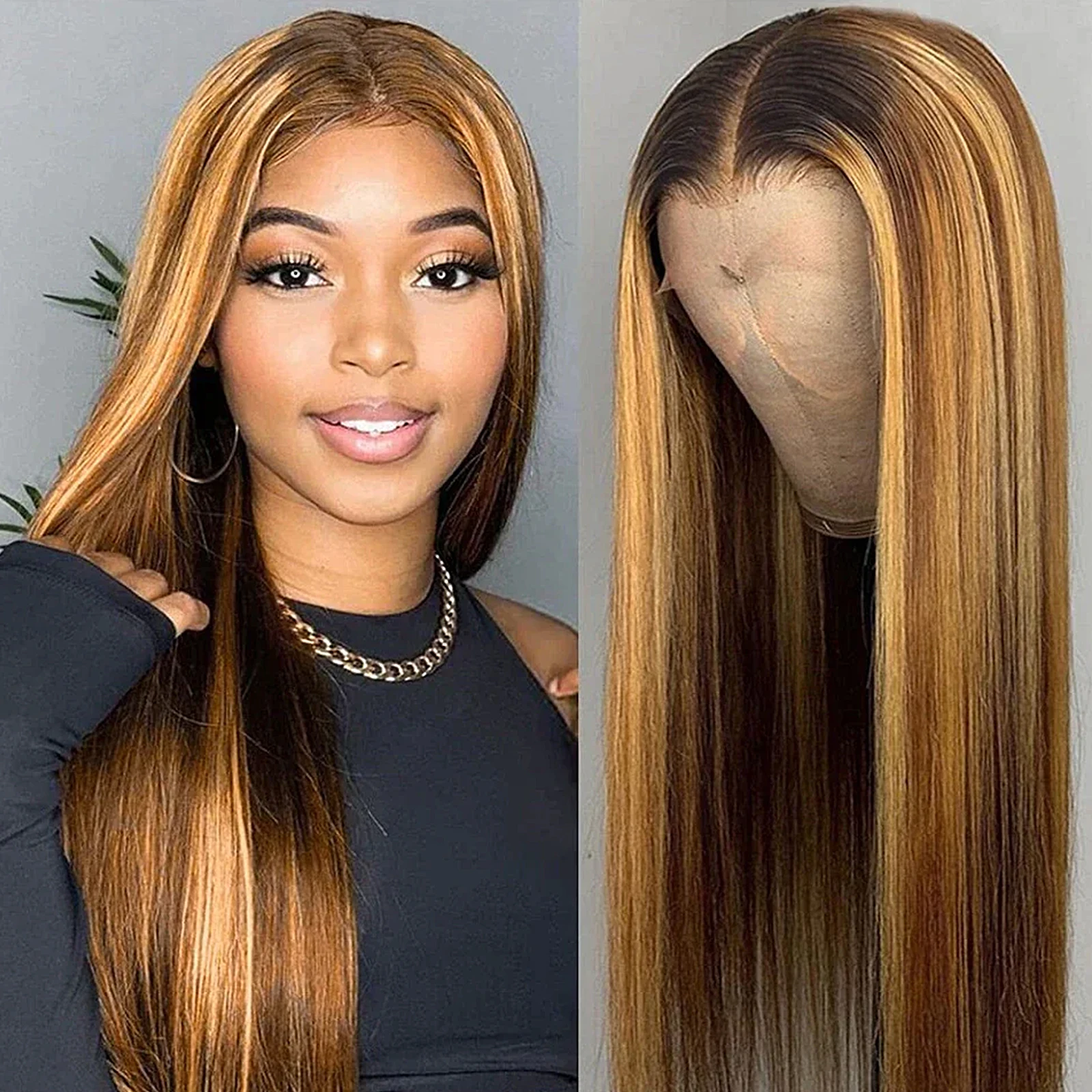 

38inch Honey Blonde lace front Human Hair Straight Wigs 13x4 Transparent Lace Frontal #4/27 Highlight Colored Missanna hair