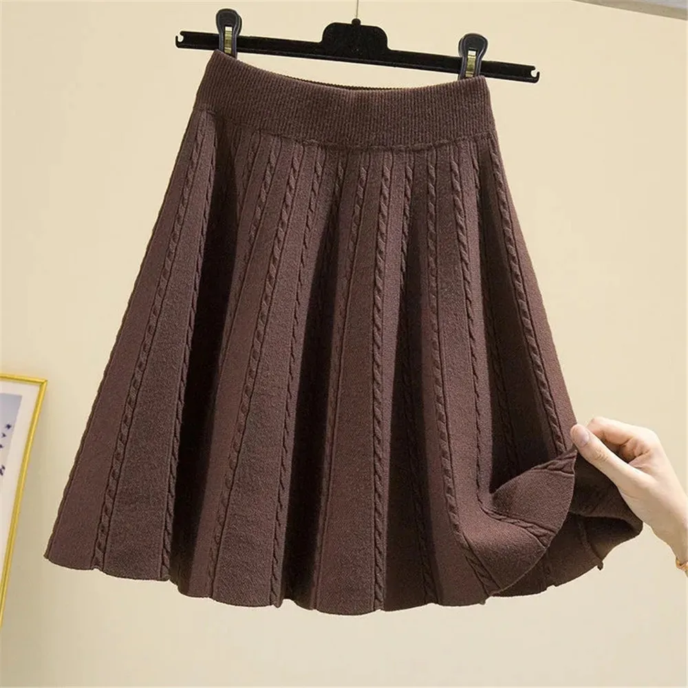 Winter Warm Knit Pleated Short Skirt Women Elastic High Waist Sweater Skirts Autumn Solid Elastic Knitting Ribbed Mini Skirt