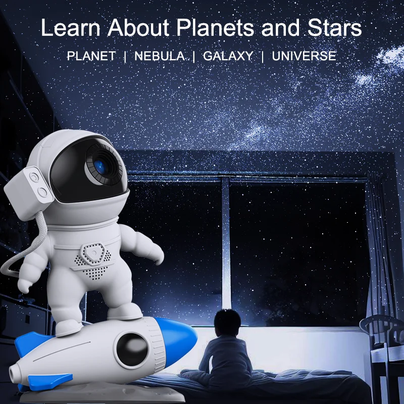 Rocket Astronaut Galaxy Projetor Lâmpada de luz noturna e 13 peças de filme Projetor de céu 360 °   Rotar planetário para quarto infantil