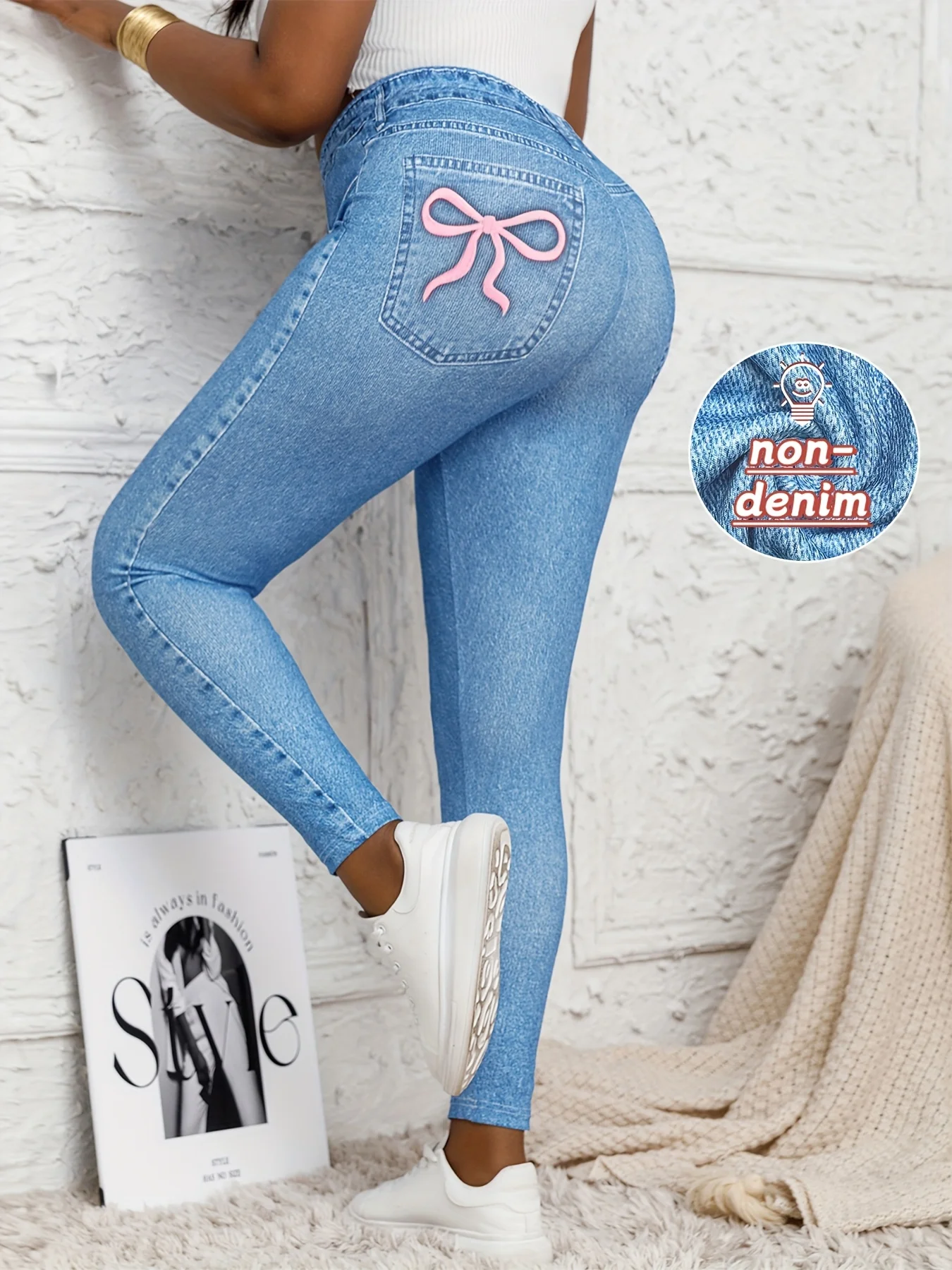 Pantalones estampados ajustados elásticos tipo mezclilla con mallas informales de punto con lazo de mariposa en la cadera