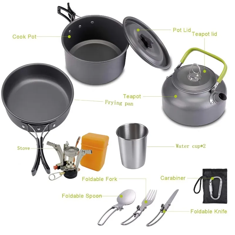 Outdoor Camping Ultralight Portable Foldable Cookware Set with Pot and Frying Pan Picnic Cookware Set for 2-3 People