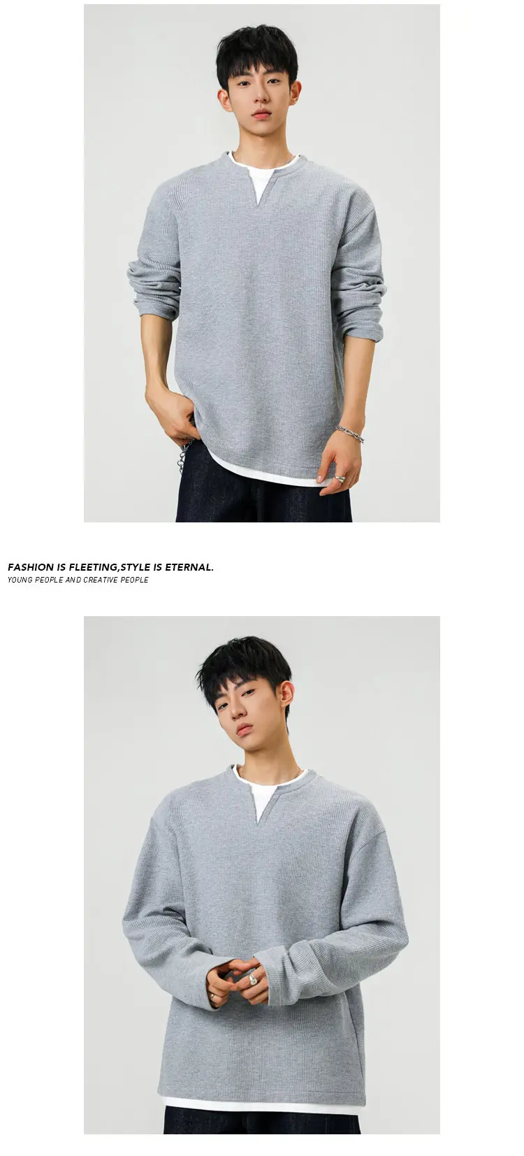 Leichter Waffelstrick-Pullover für Herren mit Reverskragen, Langen Ärmeln und Mock-Layer-Saum-Design, Jugend-Outdoor-Freizeit-Essential – Detail 4