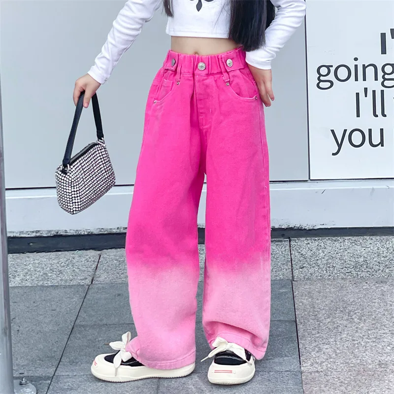 Jeans for Girls Candy Color Fashion Gradient Wide Leg Pants Children\'s Clothes Spring Autumn Teenager Cotton Streetwear Trousers