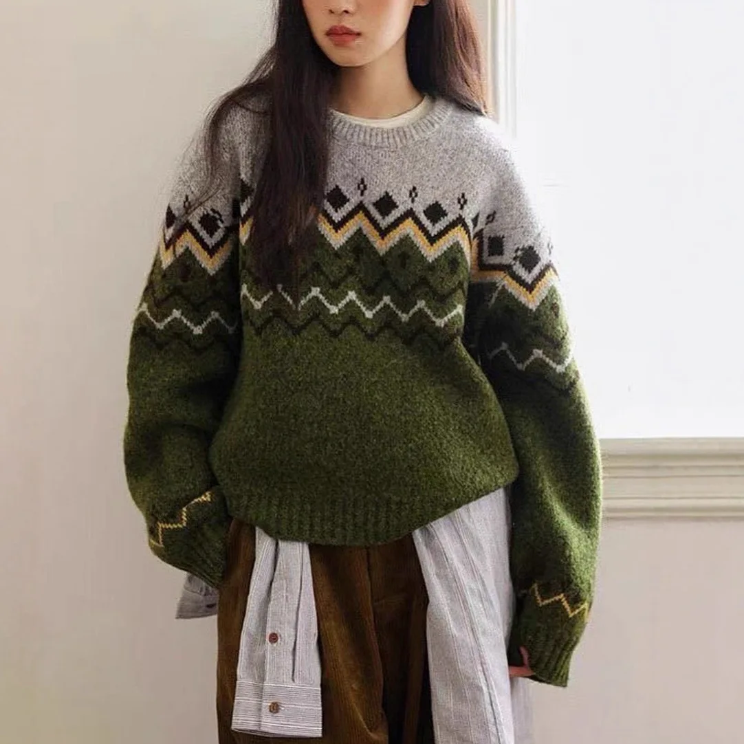 

Вязаные пуловеры, свитера, женские жаккардовые джемперы с цветными блоками, с круглым вырезом и длинными рукавами, повседневные офисные женские джемперы, осень-зима 2023 г.