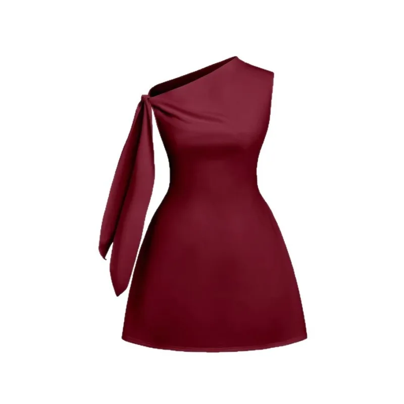 

European American Women's Elegant Solid Color Slanted Shoulder Sleeveless Tie Minimalist Short Slim and Thin Temperament Dress