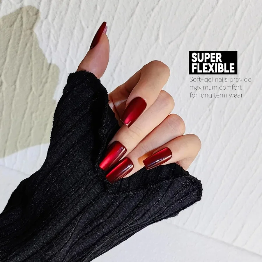 True Ruby Red Press on Nails for Women with Magnetic Cherry Shimmer and UV Finish in Medium Coffin Shape Ideal for Daily Wear P