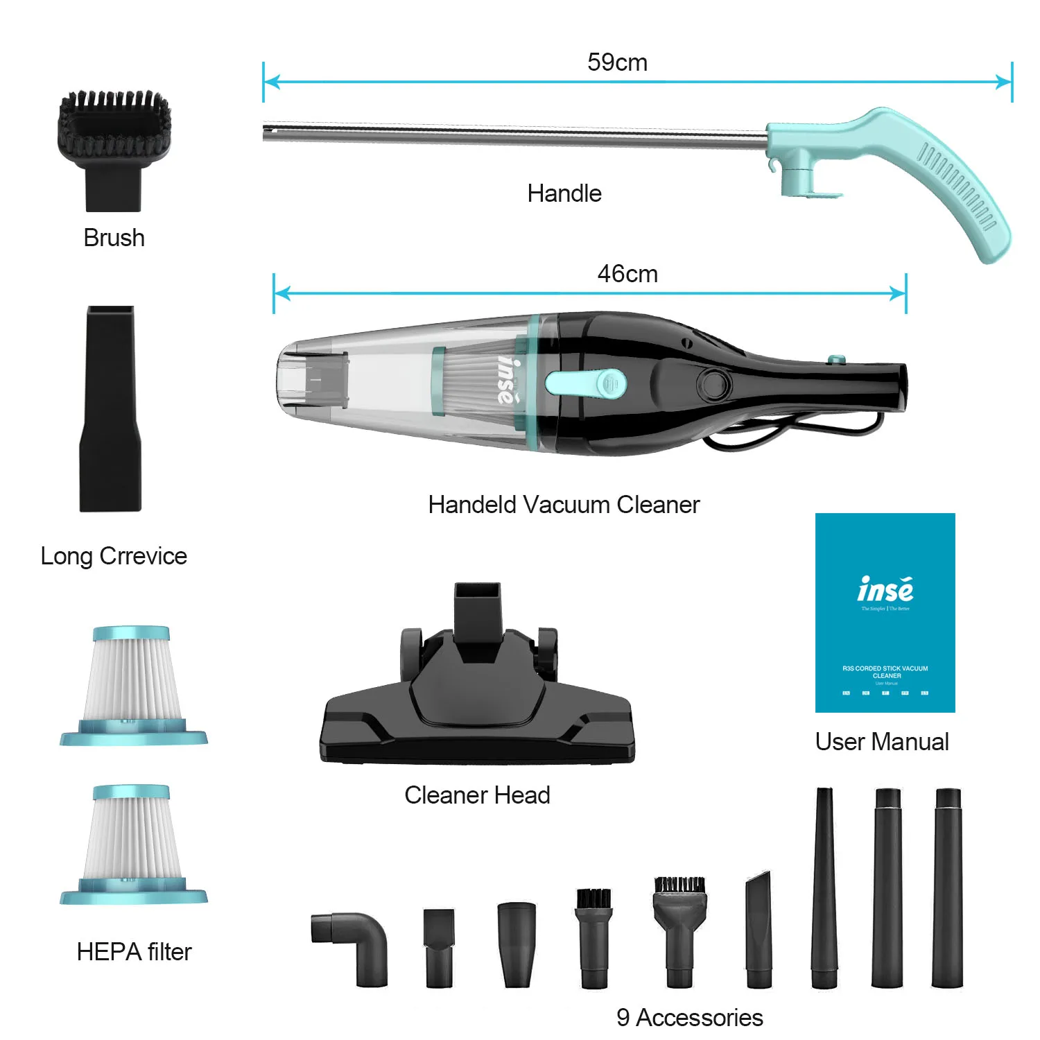 Corded Vacuum Cleaner for Home Handheld Multifunctional Suction Power 16000Pa Portable Vacuum for Car Hard Floor Carpet INSE R3S