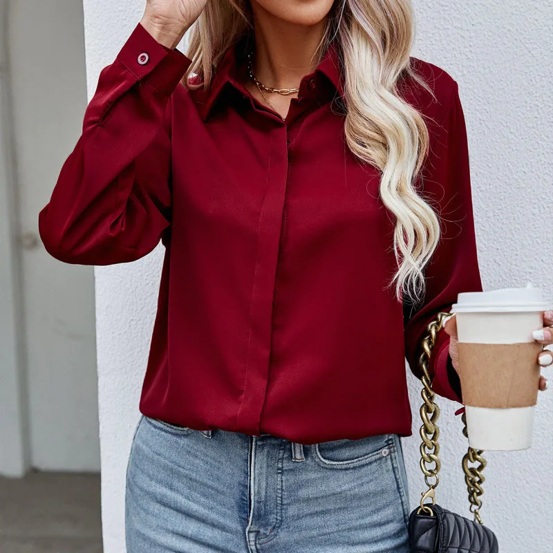 Casual Chiffon Blouse Tops Spring Summer V Neck Long Sleeve Hide Button Loose OL Workwear Business Blouse Shirts 2024