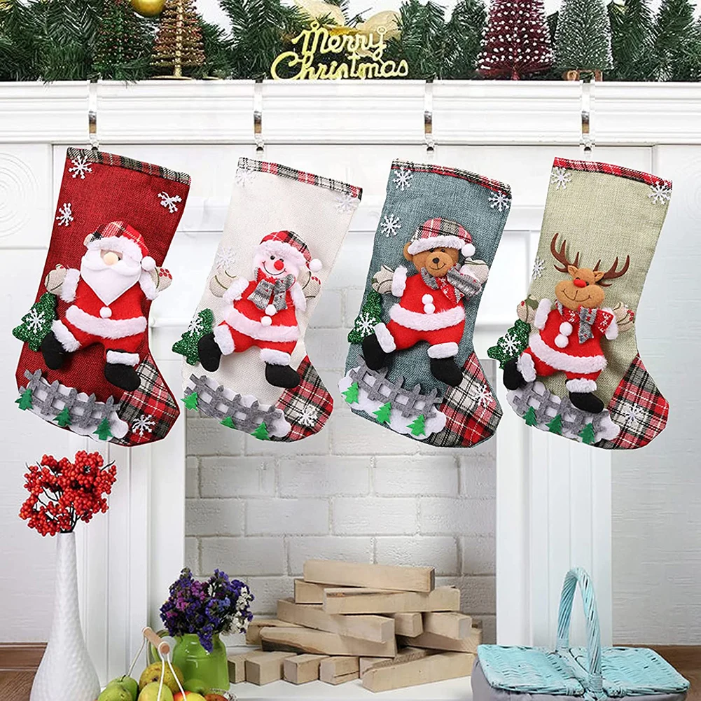 4Pcs Christmas Stockings Set Large Capacity Cute Stockings Bag Plush Santa Claus/Snowman/Bear/Elk for Xmas Tree Fireplace