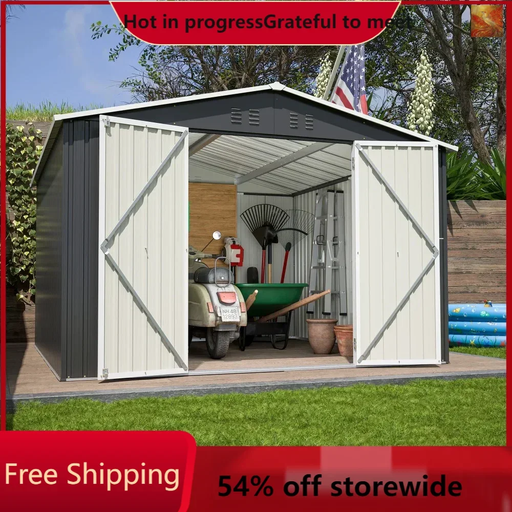 Outdoor Storage Shed 10x10 FT, Utility Metal Tool Storage with Lockable Doors and Updated Frame Structure