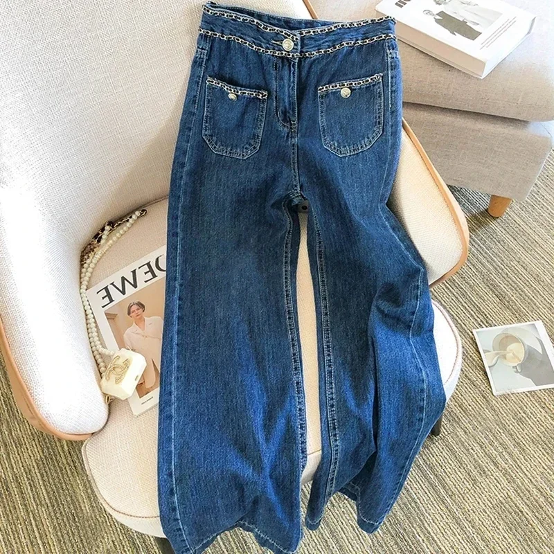 

Chain Decoration Loose Baggy Jeans for Women's High Waist Casual Cotton Stretch Wide Leg Denim Pants 2024 Spring New Pantalones