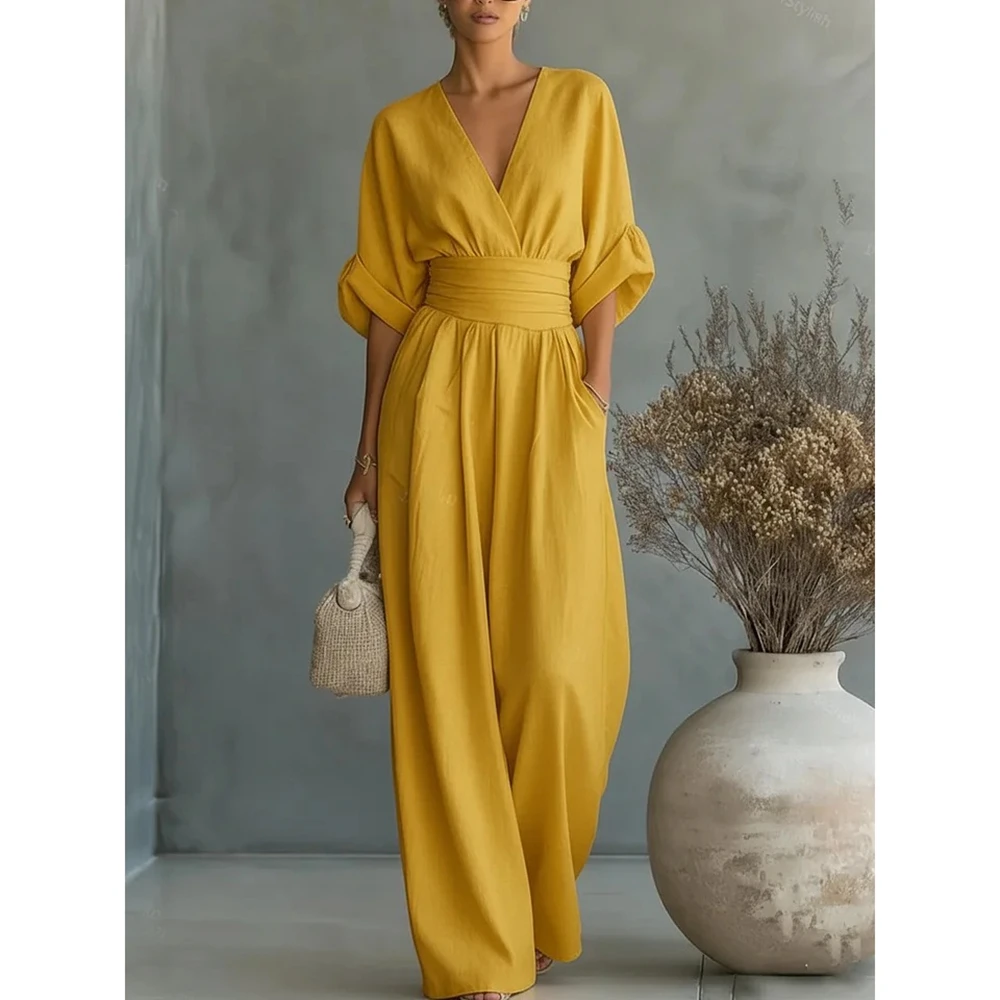 

Women Solid Round Neck Sleeveless Ruched Irregular Jumpsuit With Pockets Summer Straight Leg Yellow Rompers Streetwear Outfits