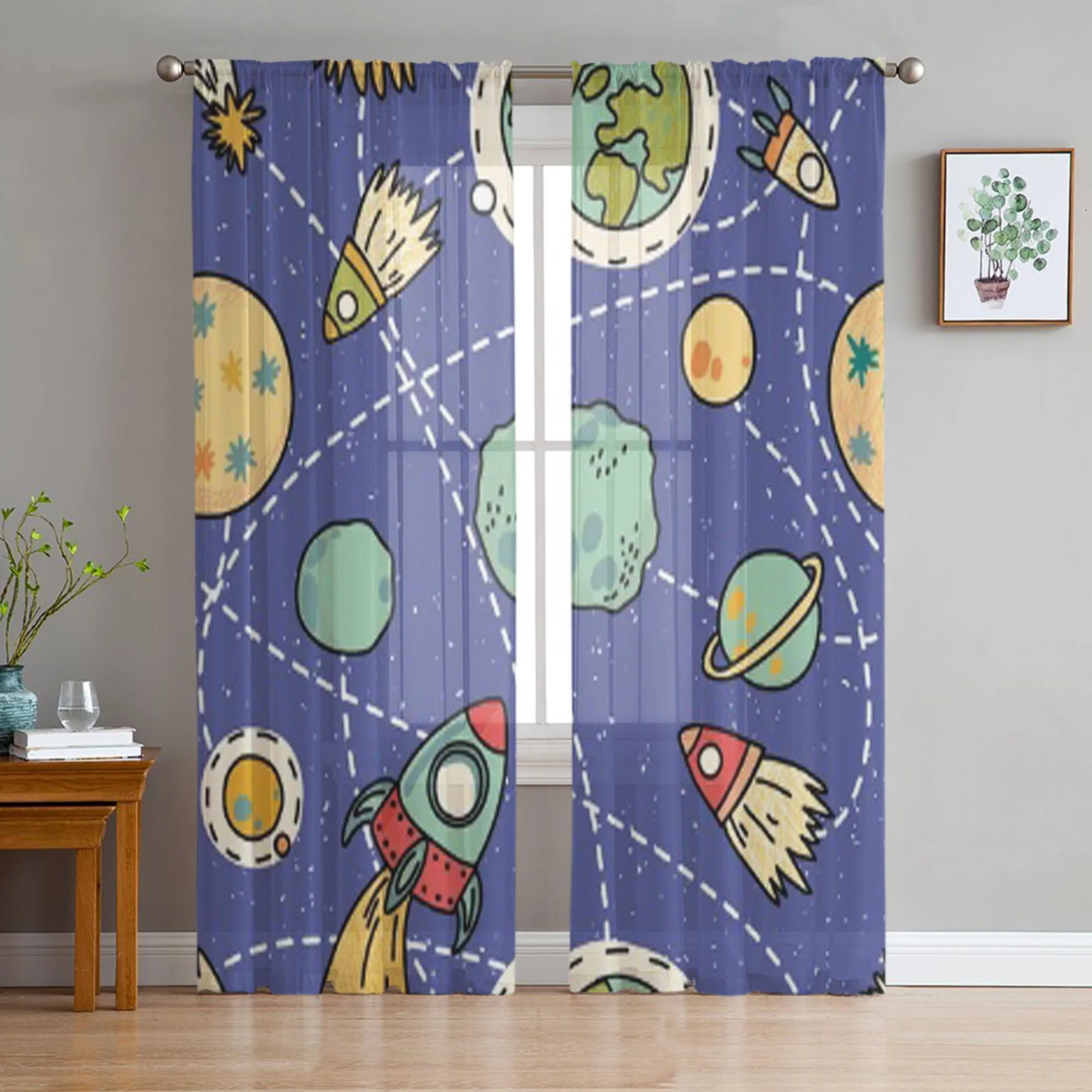 Space Pattern With Space Rockets Comet And Planets Chiffon Sheer Curtains Living Room Bedroom Window Voiles Tulle Curtain