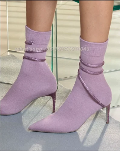 Snake-Like Wraparound Straps Crystal Embellishments Stretch-Knit Sock Uppers Ankle Boots Pointed Toes.stiletto Heels Party Shoes