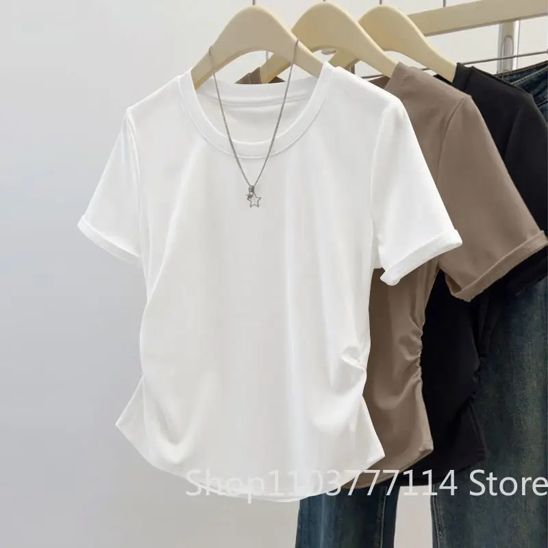 Summer Design Sense Slim Fit Women's Pleated Waist Cinching Top Trendy and Versatile Slimming Solid Color Short Sleeved T-shirt