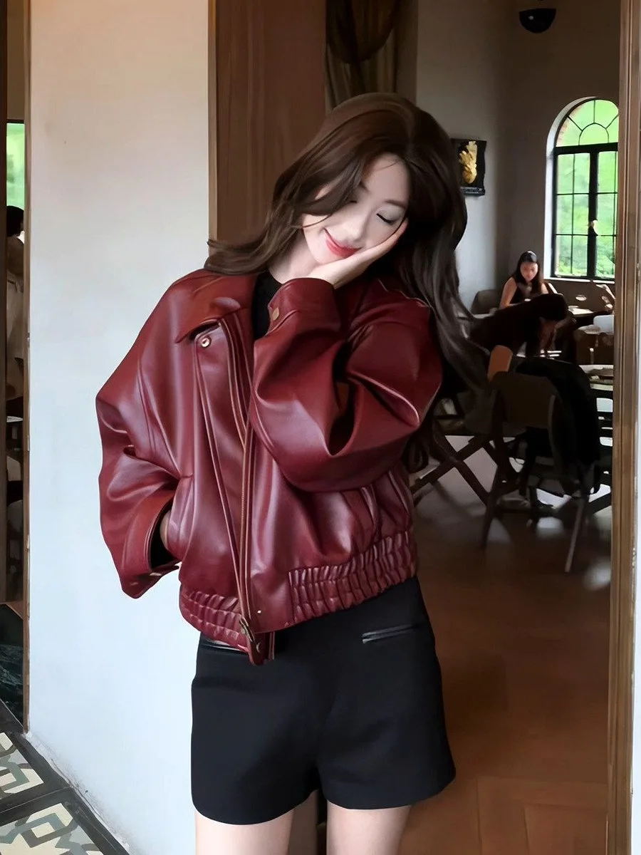 Retro American Sle ort Leather Jaet Women's Red Faionable Coat Korean Sle Zipper ket Novel Polyester Fiber