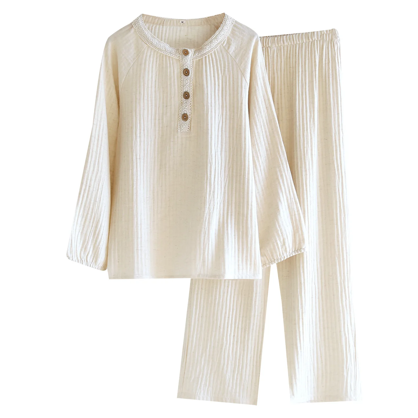 

Solid Color Cotton O-Neck Long Sleeve Pullover Trousers 2 Pcs Pajamas Set for Women's Home Clothes