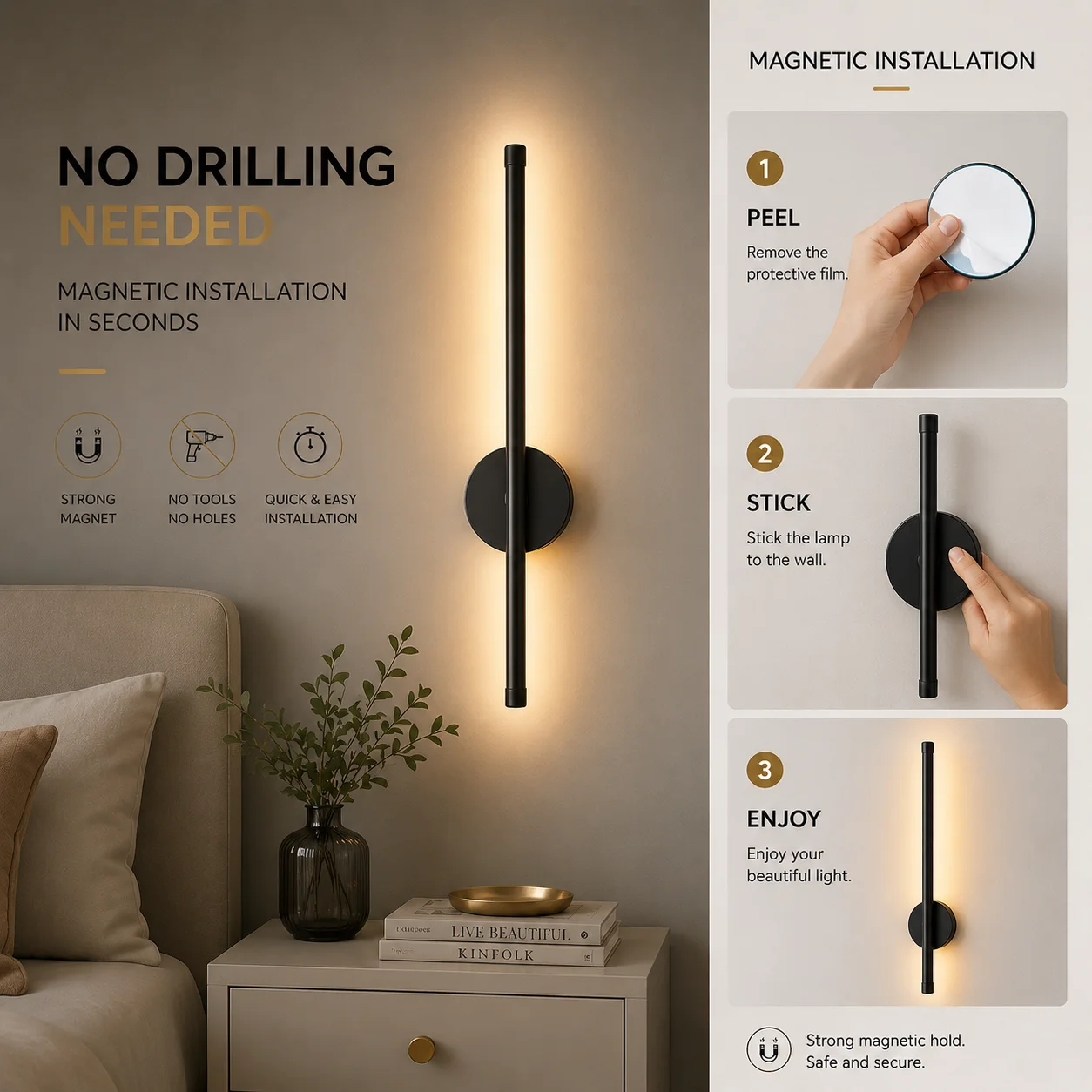 Magnetic Rechargeable LED Wall Lamp 50 1/2Pack for Living Room Bedroom Hallway Study Stairwell Cloakroom - Wiring-Free Lighting