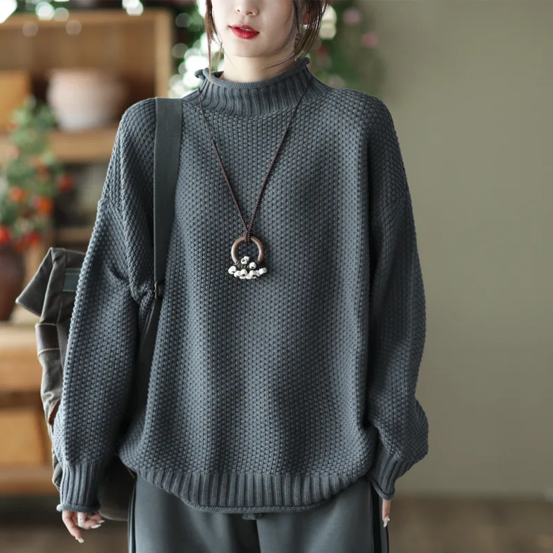 NINI WONDERLAND Autumn Winter Cotton Knitted Casual Pullover Sweater Women Solid Turtleneck Long Sleeve Loose Sweaters Tops